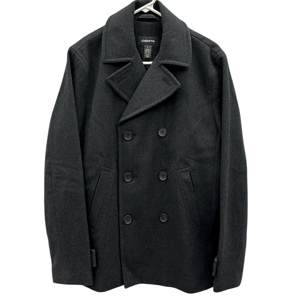 Wool Blend Claiborne Dark Charcoal Gray Double Breasted Pea Coat Mens Small
